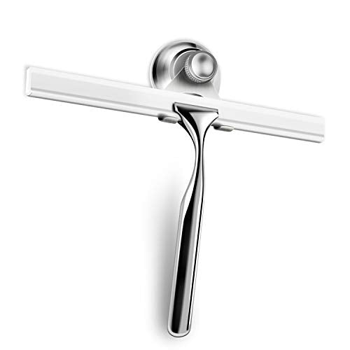 BININBOX Shower Squeegee for Shower Doors, Window, Bathroom, Mirror and Car Glass, All-Purpose Cleaning Squeegee with Powerful Suction Cup Hooks Holder – Stainless Steel, 10 Inches. (Silver)