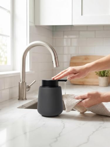 INGOFIN Ceramic Soap Dispenser for Kitchen and Bathroom - Refillable Liquid Hand and Dish Soap Pump Bottle, Modern Countertop Lotion Dispenser, 12oz, Matte Grey - color: Gray
