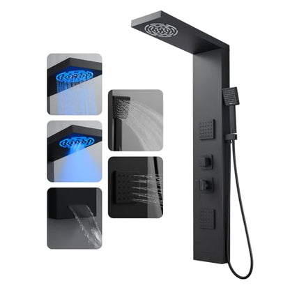ROVOGO Shower Panel Tower System W/Led Lights, 5 Shower Modes, Matte Black | Rainfall Mist Shower Head, 3 Body Jets, Handheld and Tub Spout, Stainless Steel Shower Column With Mixing Valve, 46.5 Inch - style: Black- With Led Lights