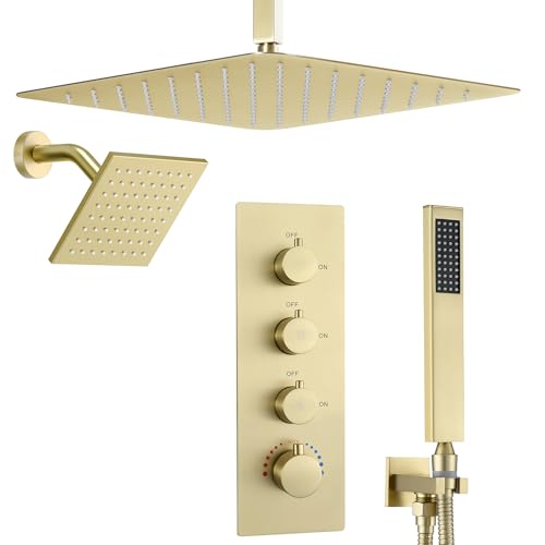 16" Thermostatic Dual Rainfall Head Shower System with Handheld & Valve, 16” Ceiling Shower Faucet Set with 6-Inch Shower Head, JetsBath Brushed Gold Full Body Shower System for Couples/ 2-Person - color: Brushed Gold