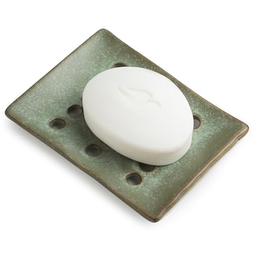 Ceramic Soap Dish for Shower, Bar Soap Holder with Self Draining | Soap Savers to Keep Soap Dry | Concave Design to Prevent Slipping | Soap Tray for Kitchen and Bathroom, Sponge Holder, Green - color: Green, size: with Drain Holes