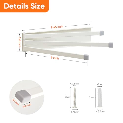 Swivel Towel Rack Thicken Metal 3-Arm Towel Bar Space Saving Wall Mounted Towel Holder with Rustproof Swing Out Towel Hanger for Bathroom Kitchen White - color: White-9.4 Inch
