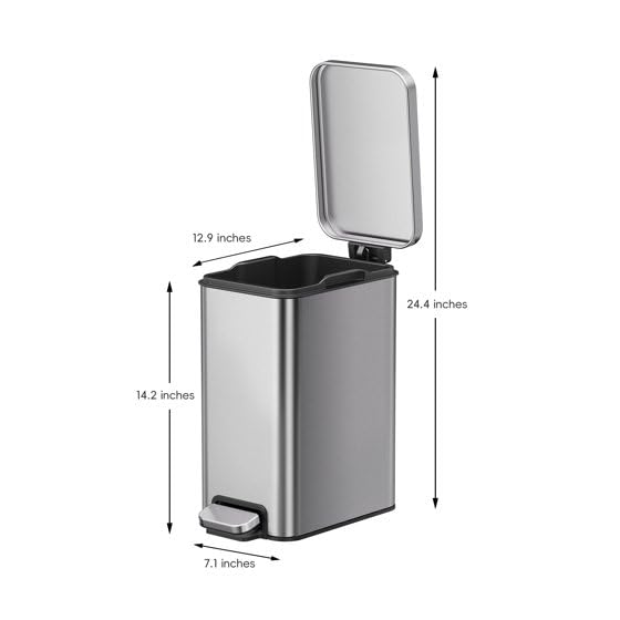 Slim Stainless Steel Trash Can - 2.6 Gallon Step Garbage Bin with Soft Close Lid, Brushed Finish, Narrow Vertical Wastebasket for Bathroom, Bedroom, or Office, Durable Construction and Easy Cleaning