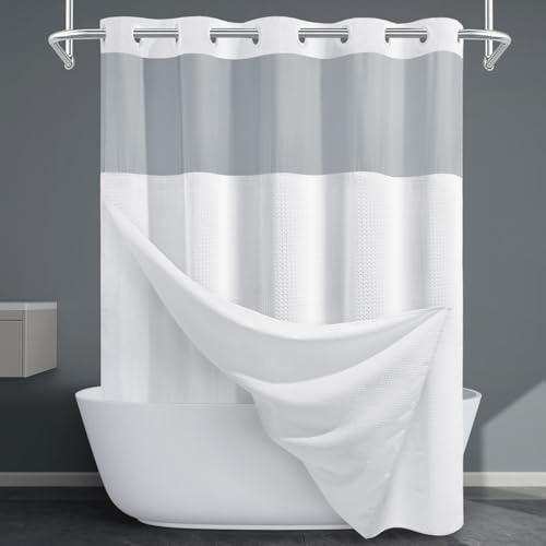 EUTXL Heavyweight No Hook Shower Curtain with Liner, White,71x86 | Snap in Liner, 256GSM Thick Waffle Fabric, Hotel Luxury Spa, Corner Magnets, Quick Dry, Waterproof & Washable, Extra Long - color: White, size: 71"W x 86"L (Pack of 1)