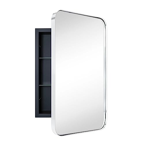 Chrome Rectangle Recessed Bathroom Medicine Cabinet with Mirror Stainless Steel Metal Framed Rounded Rectangular Bathroom Cabinet with Mirror 16x24'' - color: Chrome, size: 16'' x 24''