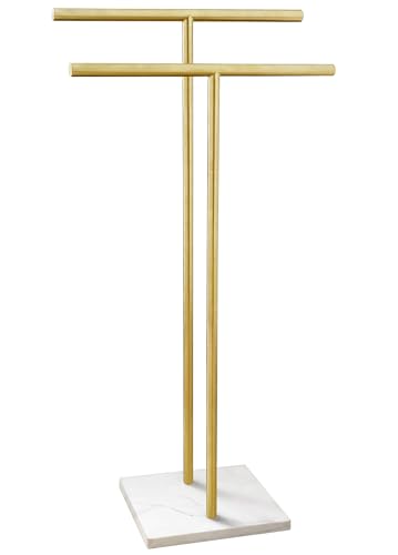 40 Inch Standing Towel Rack for Bathroom Floor Double-T Shape Bath Sheet Holder with Marble Design Base Towel Rack Freestanding Next to Tub or Shower Towel Holder Stand SUS304 Brushed Gold - color: Brushed Gold