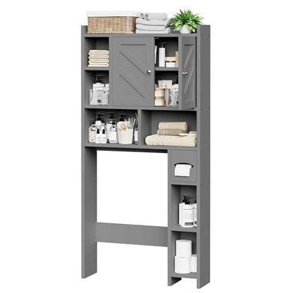 Over the Toilet Storage Cabinet, Freestanding Farmhouse Storage Cabinet Over Toilet, Bathroom Organizer with Paper Holder Stand and Adjustable Shelf, Grey - color: Light Grey