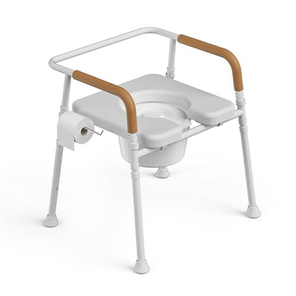 3-in-1 Bedside Commode for Seniors | 350lbs Reinforced Iron, Padded Seat & Arms, Height Adjustable Toilet Rails, Raised Toilet Seat with Bucket & Splash Guard