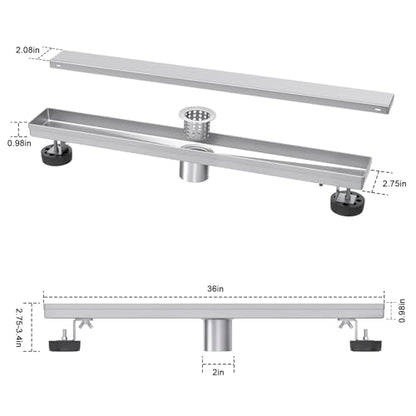 EXF Linear Shower Drain 36 Inch Brushed Nickel with Tileable Grate | 304 Stainless Steel, V-Slope Design, Debris Strainer, Seamless, Adjustable Height - color: Brushed Steel, size: 36 IN