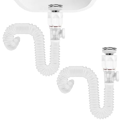 Bathroom White 2 Pack Sink Drain Kit, with Flexible Expandable P-Trap Sink Drain Pipe, Fits 1-1/4",1-1/2" and 2'' Drain Hole, Built-in Anti-Clogging Stopper, Anti-Odor Without Overflow - color: White Without Overflow, style: 2 Pack