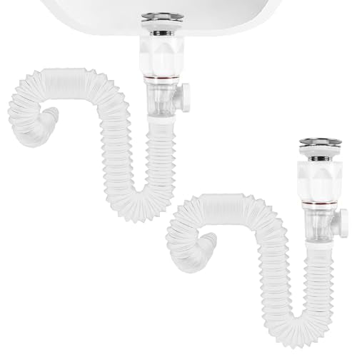 Bathroom White 2 Pack Sink Drain Kit, with Flexible Expandable P-Trap Sink Drain Pipe, Fits 1-1/4",1-1/2" and 2'' Drain Hole, Built-in Anti-Clogging Stopper, Anti-Odor Without Overflow - color: White Without Overflow, style: 2 Pack