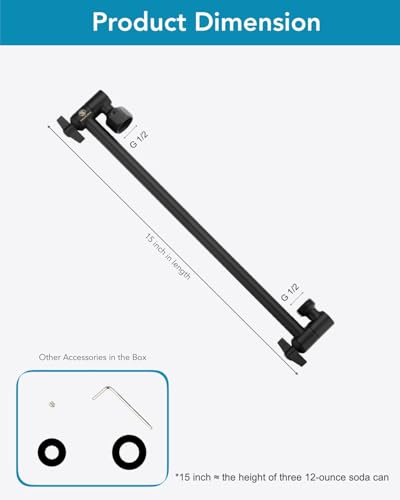 15 Inch Extra Long Adjustable Shower Head Extension Arm With Locking Set Screw, Singing Rain 304 Stainless Steel Angle Height Adjustable, Easy Install, G1/2 Universal Connector Compatible (Matt Black) - color: 3. Matte Black, style: 15 inch