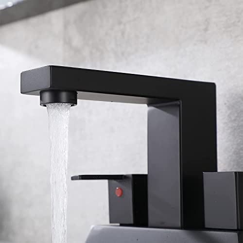 Friho Matte Black Bathroom Sink Faucet, 4 inch Bathroom Faucets for Sink 3 Hole with Water Hoses and Pop up Drain，Stainless Steel 2-Handle Centerset Bathroom Faucet for Vanity RV Restroom, FR2DST201B - color: Black