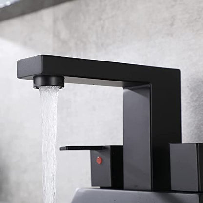 Friho Matte Black Bathroom Sink Faucet, 4 inch Bathroom Faucets for Sink 3 Hole with Water Hoses and Pop up Drain，Stainless Steel 2-Handle Centerset Bathroom Faucet for Vanity RV Restroom, FR2DST201B - color: Black
