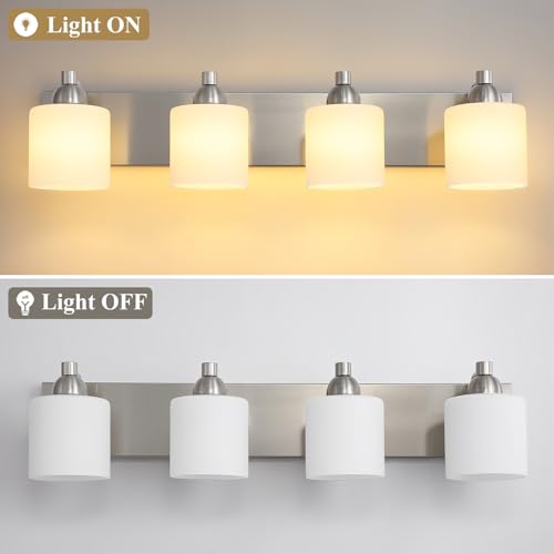 Mecgirn Stainless Steel Milk Glass Bathroom Vanity Light Over Mirror, 4 Light Brushed Nickel Bathroom Light Fixtures with Frosted Glass, Modern Vanity Lighting Wall Mount - color: Brushed Nickel, size: 4 Light