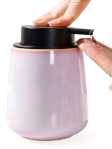 INGOFIN Ceramic Lotion Dispenser - 12 oz Hand Soap Dispenser Bathroom, Modern Liquid Dispenser with Pump, Refillable Dish Soap Bottle for Kitchen -Purple and Pink - color: Purple and Pink