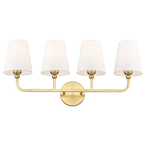 4-Light Brushed Gold Bathroom Vanity Light, White Fabric Shades | 28" bathroom light fixtures over mirror, upward only, E26 base, bulbs not included, VL837-BG-4 - color: Brushed Gold, size: 4-light
