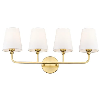 4-Light Brushed Gold Bathroom Vanity Light, White Fabric Shades | 28" bathroom light fixtures over mirror, upward only, E26 base, bulbs not included, VL837-BG-4 - color: Brushed Gold, size: 4-light