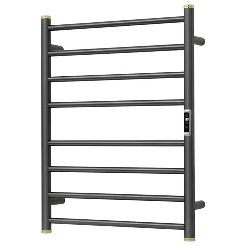 Electric Towel Warmer Rack,Heating Towel Warmer,Timer & Temperature Control,Wall-Mounted Plug-in for Bathroom,Gunmetal Grey,Stainless Steel,8-Bar(27.56x20.87x4.41in) - color: Round-matte Gungrey With Gold Top, size: 8 Bars