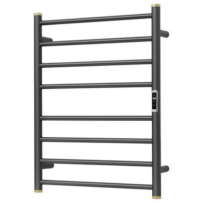 Electric Towel Warmer Rack,Heating Towel Warmer,Timer & Temperature Control,Wall-Mounted Plug-in for Bathroom,Gunmetal Grey,Stainless Steel,8-Bar(27.56x20.87x4.41in) - color: Round-matte Gungrey With Gold Top, size: 8 Bars