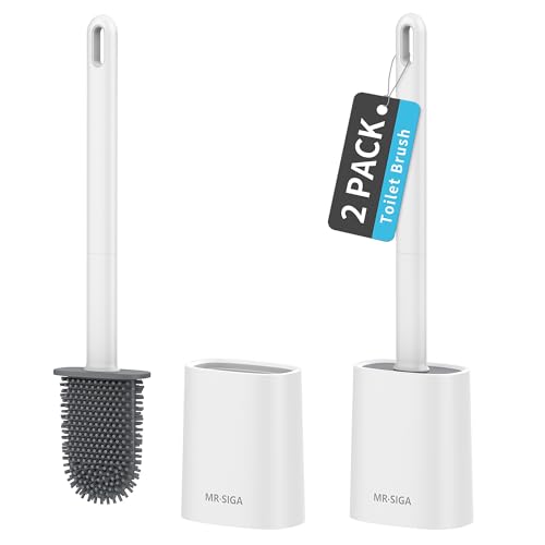 MR.SIGA Toilet Brush and Holder Set, Wall Mounted Toilet Bowl Brush, White | Space saving design, flexible thermoplastic rubber bristles, easily cleans hard to reach areas, pack of 2 - color: White