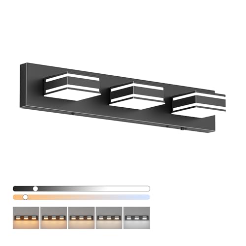 Ralbay 24inch Black Bathroom Vanity Lights with 5 Color Temperatures (3000K-6000K) Dimmable Modern Metal Acrylic LED Matte Black Bathroom Wall Lighting Fixtures (3-Light) - color: Black-5 Color Temperature, size: 24 inch