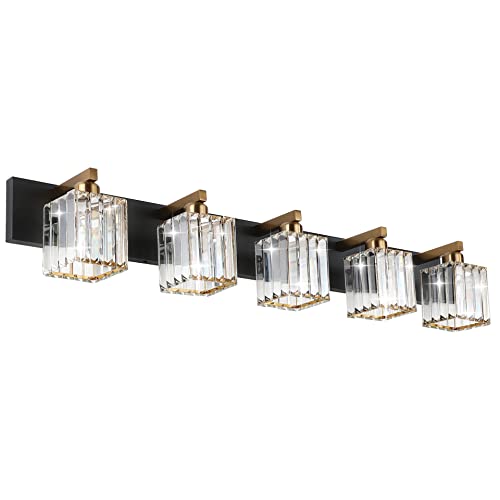 Aipsun Modern Vanity Light Bathroom Lighting Fixtures 5 Light Crystal Bathroom Vanity Light Fixtures (Exclude Bulb) - color: Black Gold, size: 40 inch