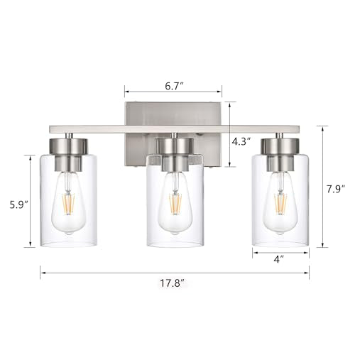 3-Light Bathroom Vanity Light, Modern Brushed Nickel Wall Lights with Clear Glass Shades, Bathroom Wall Sconce Lamp for Mirror Living Room Bedroom Hallway - color: 3 Light Nickel-Small