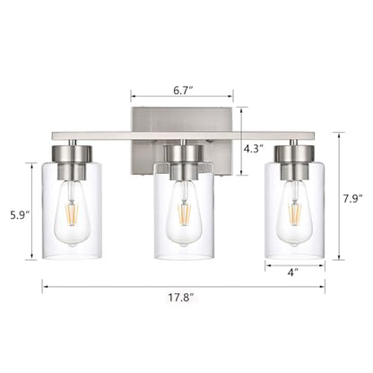 3-Light Bathroom Vanity Light, Modern Brushed Nickel Wall Lights with Clear Glass Shades, Bathroom Wall Sconce Lamp for Mirror Living Room Bedroom Hallway - color: 3 Light Nickel-Small