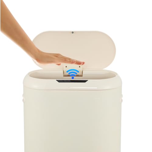 happimess 13.2 Gal Oval Motion Sensor Trash Can, Limestone Beige | Oval, Motion Sensor, Touch Mode, Soft Close Lid, Powder Coated Iron, 17.7" W x 9.84" D x 24.2" H - color: Limestone Beige