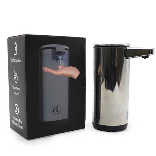 Touchless Soap Dispenser - Rechargeable Automatic Stainless Steel, 9oz Hands-Free Infrared Sensor for Bathrooms, Kitchens & Office(Chrome)