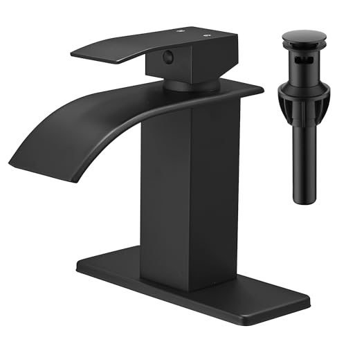 Waterfall Bathroom Faucet, Single Handle Matte Black Sink Faucet 1 Hole or 3 Hole for Lavatory, Washbasin, Vanity, Commercial, with Deck, Pop-up Drain and Supply Hoses - color: Matte Black