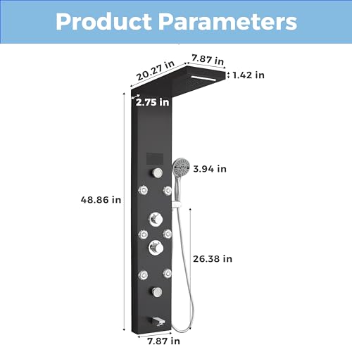 DELAVIN LED Stainless Steel Shower Tower, 5-Function Shower Panel Tower | Temperature Display, with Rainfall Waterfall Shower Head, Massage Body Jets, Tub Spout, Handheld Shower, Brushed Black - color: Brushed Black, style: 8 Body Jets With LED