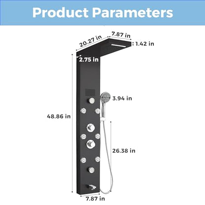 DELAVIN LED Stainless Steel Shower Tower, 5-Function Shower Panel Tower | Temperature Display, with Rainfall Waterfall Shower Head, Massage Body Jets, Tub Spout, Handheld Shower, Brushed Black - color: Brushed Black, style: 8 Body Jets With LED