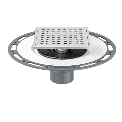 Neodrain 6 in Brushed Square Shower Drain with PVC Bonding Flange Base | 304 Stainless Steel Floor Drain with waterproof Fabric, Drain Grate Removable, Drain Key for Low Profile Shower Pan - color: Brushed, size: 6 inch with PVC base