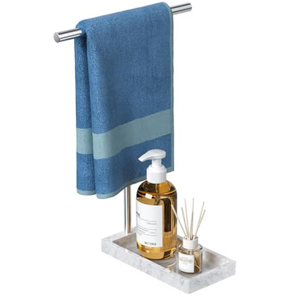 Volnamal 2-in-1 T-Shape Hand Towel Holder for Bathroom Countertop, Silver | Heavy Non-Tipping Towel Holder with Countertop Tray, Extended-Heigher Towel Stand for Standard, Rust-resistance & Durability