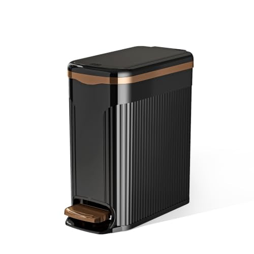 Slim Bathroom Trash Can with Lid, 10L Soft Close Step Pedal Black | Dual Open Step Pedal & Hand Press, 6.49" Ultra Narrow, Hidden Bag Holder, Odor Seal Waste Basket for Kitchen Office Bedroom