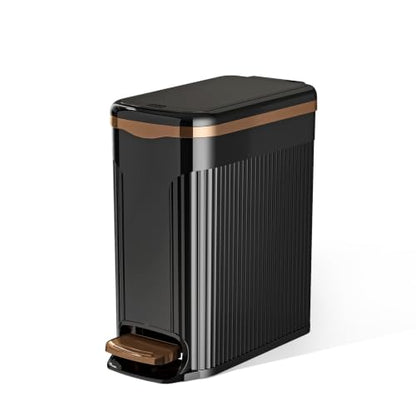 Slim Bathroom Trash Can with Lid, 10L Soft Close Step Pedal Black | Dual Open Step Pedal & Hand Press, 6.49" Ultra Narrow, Hidden Bag Holder, Odor Seal Waste Basket for Kitchen Office Bedroom