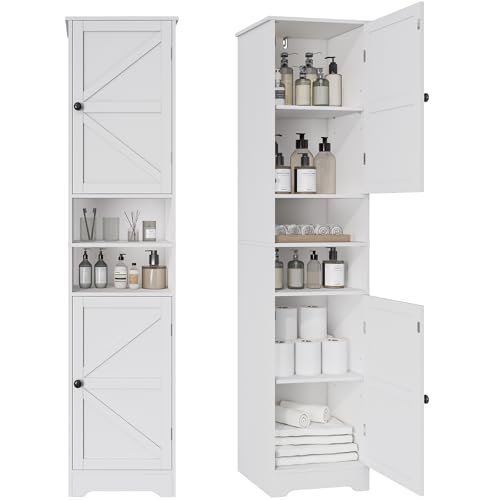 Viaozutis Tall Bathroom Storage Cabinet, Slim Freestanding Cabinet with Adjustable Shelves, Vertical Storage Organizer for Small Bathrooms, Toilet Paper & Daily Essentials Storage（White） - color: White