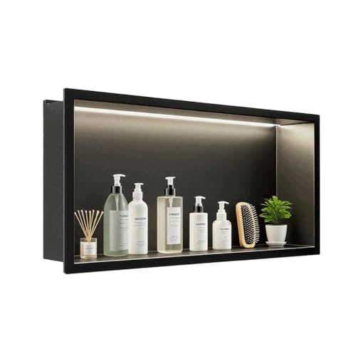 LED Stainless Steel Shower Niche 24" x 12" No Tile Needed | Recessed Wall Niche with Light, Shower Shelf for Bathroom Storage Insert Installation (Matte Black)
