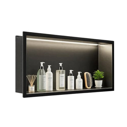 LED Stainless Steel Shower Niche 24" x 12" No Tile Needed | Recessed Wall Niche with Light, Shower Shelf for Bathroom Storage Insert Installation (Matte Black)