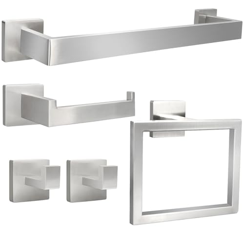 5pcs Bathroom Hardware Set, 16in Towel Bar Set, Including Square Towel Bar Square Towel Ring Toilet Paper Holder Towel Hooks, Set SUS304 Stainless Steel, Wall Mounted