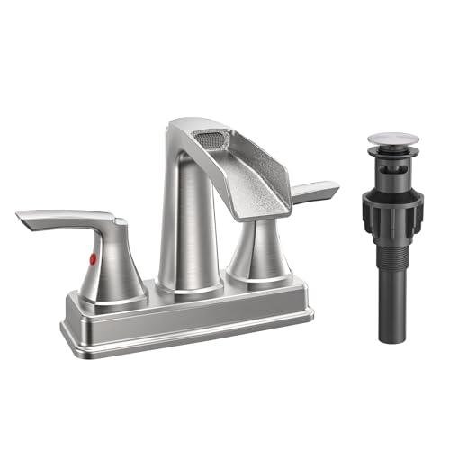 Fapully Bathroom Sink Faucet, Waterfall 4 Inch Centerset Bathroom Faucet | Brushed Nickel, 2-Handle, Lead-Free Brass Bathroom Sink Faucet, Faucet for Bathroom Sink with Pop-up Drain - color: Brushed Nickel