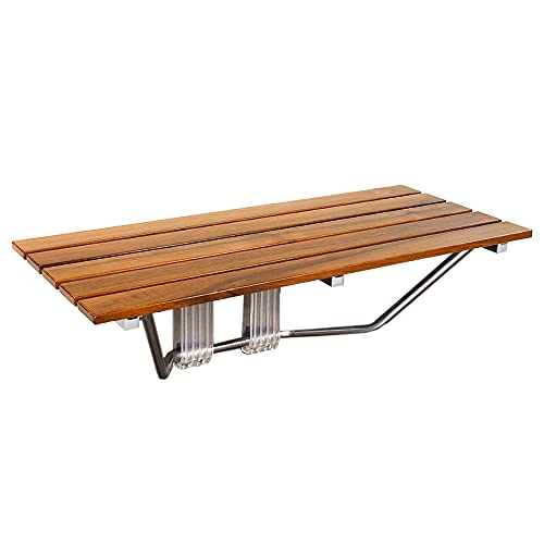 36" Foldable Teak Wood Shower Seat Bench, 400 lb Capacity, (Seating Size: 35.5" W x 15.75" D), Clear-Coated for Extra Protection, Wall Mount Folding Bathroom Stool Chair, Modern Chrome