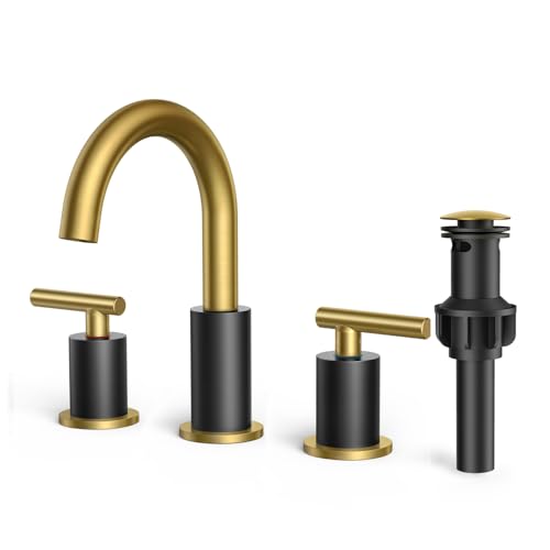 FORIOUS Black and Gold Bathroom Faucet Modern, 3 Hole Bathroom Faucet Black | Gold and Black Bathroom Faucet 3 Holes, 2 Handle Modern Bathroom Vanity Faucet Widespread 8 Inch with 360° Swivel Gooseneck - color: Gold&Black, style: Modern