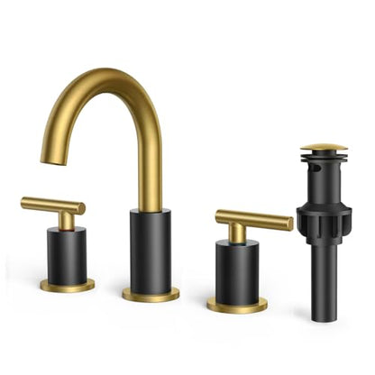 FORIOUS Black and Gold Bathroom Faucet Modern, 3 Hole Bathroom Faucet Black | Gold and Black Bathroom Faucet 3 Holes, 2 Handle Modern Bathroom Vanity Faucet Widespread 8 Inch with 360° Swivel Gooseneck - color: Gold&Black, style: Modern