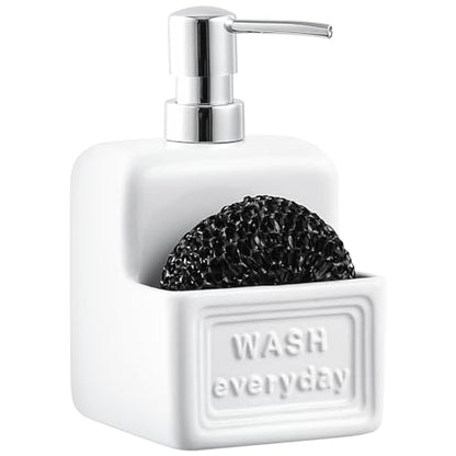RQYIXI 2-in-1 Ceramic Dish Soap Dispenser with Sponge Holder, White, 15 Oz | caddy kitchen sink organizer embossed design mesh scrubber refillable pump countertop lotion bathroom vanity - color: Rectangle White