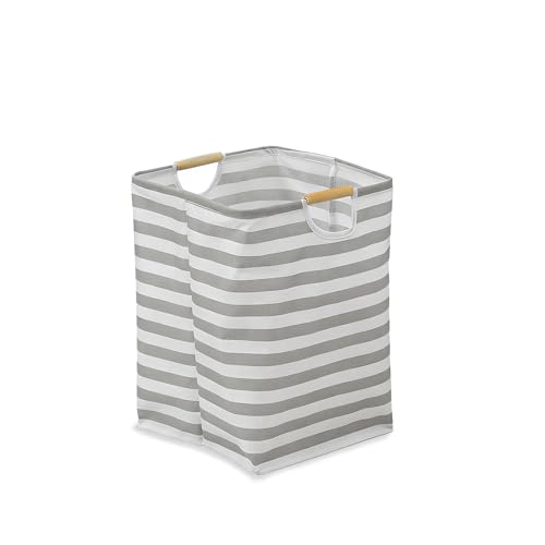 Collapsible Laundry Hamper Bag with Wooden Handles - 36L/8 Gallon Capacity Waterproof Oxford Cloth Storage Basket, Freestanding No Wire Frame, for Dorm Room, Bedroom, Bathroom (Small-Grey) - size: Small-Grey
