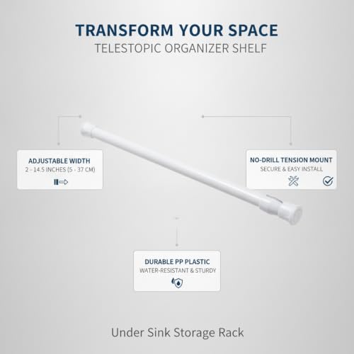 Adjustable Telescopic Tension Shelf for Under Sink Storage, No-Drill PP Plastic Cabinet Organizer Rack, White (1 Pack) - size: 16.14 x 0.51 x 0.51 in