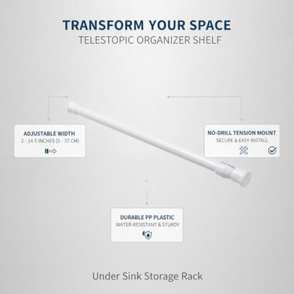 Adjustable Telescopic Tension Shelf for Under Sink Storage, No-Drill PP Plastic Cabinet Organizer Rack, White (1 Pack) - size: 16.14 x 0.51 x 0.51 in